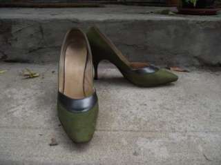 Vtg Balli Green Suede & Leather Stiletto High Heels 7AA  