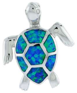 Sterling Silver Sea Turtle Pendant, Inlaid w/ Lab Opal 7/8 (22 mm 