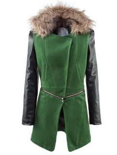 PU Black Leather+ Green Wool Adjustable Long Fur Coat Jacket/Red 