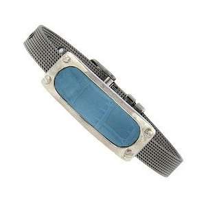  Stainless Steel Blue Leather Mesh Band Bracelet: Jewelry