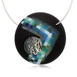   Silver Pendant Necklace with Silver Omega Chain   Blue Point Pixel Orb