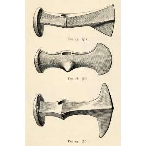  1882 Woodcut Axe Hammers Ax Stone Age Old Denmark 