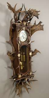 huge antique black forest antler clock regulator 1900   FREE SHIPPING 