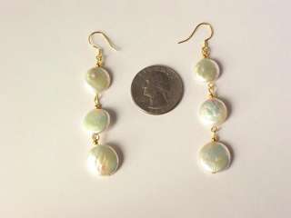 earrings 3X Biwa Coin Pearls 13mm White 14K Dangle  