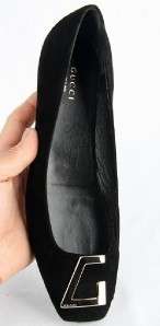 NEW GUCCI LADIES BLACK SUEDE LEATHER G BUCKLE FLAT SHOES W/BOX 37.5 