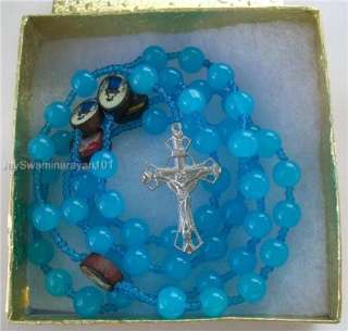 Catholic Rosary Necklace Long Glass Bead Cross Baby Blue color