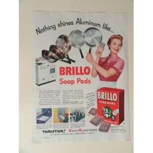 Brillo soap pads. 1955 full page print advertisement. (woman pans 