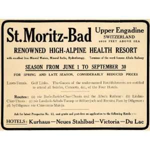   Ad Moritz Bad High Alpine Health Resort Engadine   Original Print Ad