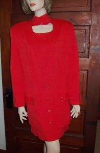 vtg 80s Dress Set red studded collar Matching long Jacket NEW 12 
