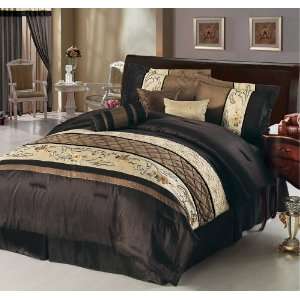 7Pcs Queen Coffee Floral Embroidered Comforter Set: Home 