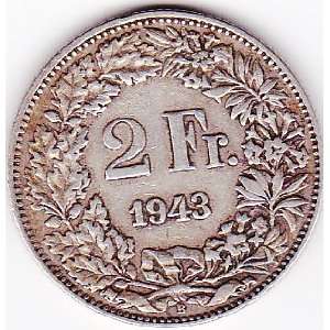  1943 Switzerland 2 Franc Silver Coin   Silver Content 83,5 