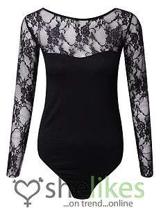 Womens Long Sleeve Bodysuit Ladies Lace Insert Cut Out Stretch Leotard 