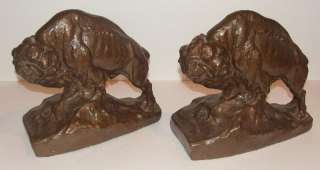 1914 Armor Bronze NYC Buffalo / Bison Bookends Pair Joza Krupka  