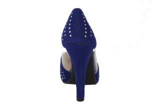 Suede finish high heel. Hit features include all over metal studding 