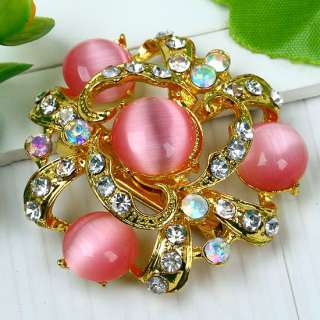 48x22mm Pink Cats Eye Beads Crystal Flower Pin Brooch  