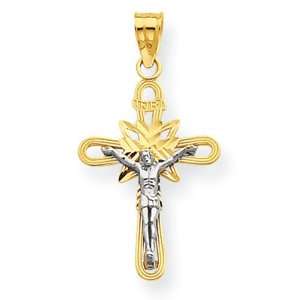   14K Two tone D/C Small Sunburst INRI Rounded Crucifix Pendant Jewelry