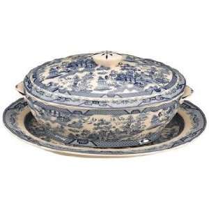   Set of 2 Blue and White Porcelain Tureen with Platter: Home & Kitchen