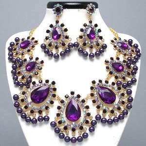 Chunky Purple Amethyst AB Jeweled Bib Statement Necklace and Earrings 