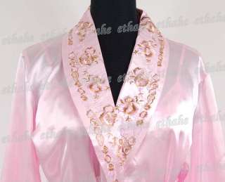 Elegant Strap Pyjama Robe Sleepwear Set Satin Pink A47Q  