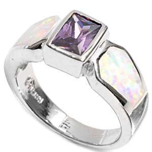  Sterling Silver 9mm Amethyst Lab Opal Ring (Size 6   9 