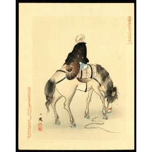   Japanese Print . Man riding sidesaddle on horse