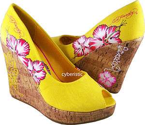 Womens Ed Hardy Coralie Pumps Heels Yellow Flower Shoes  
