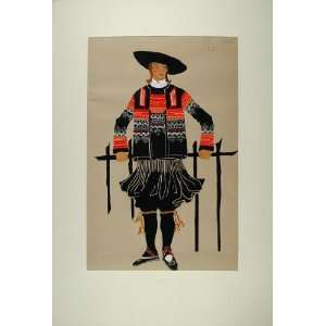 1929 Pochoir Breton Man Costume Hat Elliant Brittany   Orig. Print 