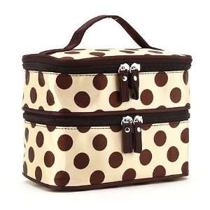   Ivory w/ Brown Polka Dots Organizer Makeup Bag Cosmetic Case Beauty