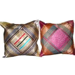  2 Golden Brown Pink Vintage Sari Zari Borders Toss Pillow 