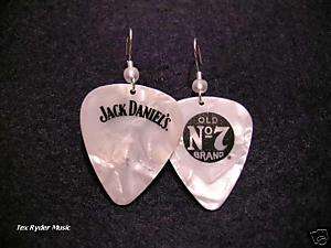 Jack Daniels White Pearloid / Guitar Pick Earrings  