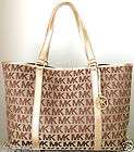 MICHAEL KORS SUMMER MK RTW JACQUARD BEIGE CAMEL GOLD LEATHER XLG TOTE 