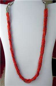 Vintage 8 Strand Navajo Fine Red Coral & Sterling Silver Necklace 26 