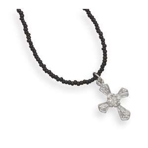   : Black Glass Seed Bead Necklace with Crystal Cross Necklace: Jewelry