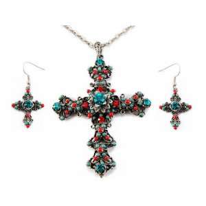   Like Gothic Flourish Flower Bead Rhinestone Cross Necklace Earring Set