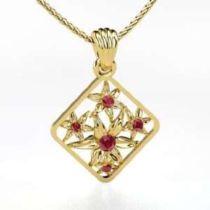    Pressed Flower Pendant, 14K Yellow Gold Necklace with Ruby Jewelry