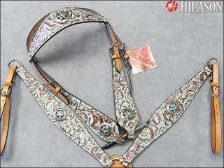 WESTERN EMBOSSED ITALIAN LEATHER HORSE HEADSTALL BREAST COLLAR CONCHO 