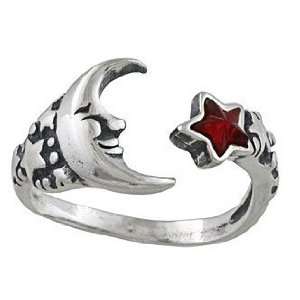  Moon and Star Ring, Sterling Silver   Adjustable 