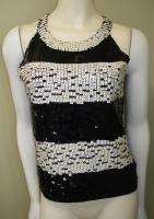 New MAX STUDIO Black Cream Sequin Silk Blend Knit Top Large L  