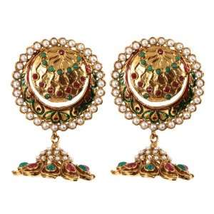  Gold Plated Jhumka/earring with Pearl, Colored Stones 