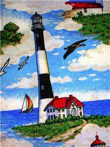 New Nautical Lighthouses Ocean Sea Seagull Sailboat Boat Fabric BTY 