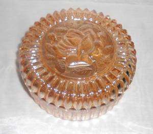 Vintage Marigold Iridescent Glass Rose Powder Dish Jar  