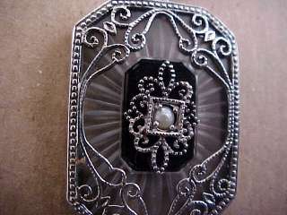 Antique Deco Sterling Camphor Glass Pendant Necklace w Onyx & Pearl 