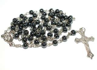 Rosary Necklace Black Religious Rosarie black Hematite beads silver 31 