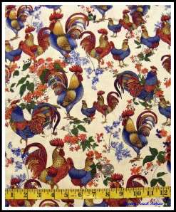 ROOSTER CHICKEN FLORAL COUNTRY FABRIC ~SOLD BY 1/2 YD.  
