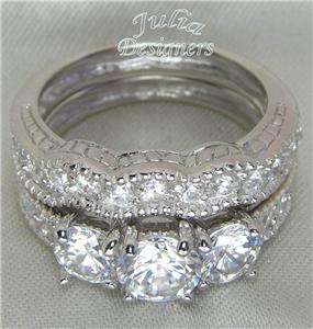 56ct Antique Brilliant 3 stone Wedding Ring Set, Sz 8  
