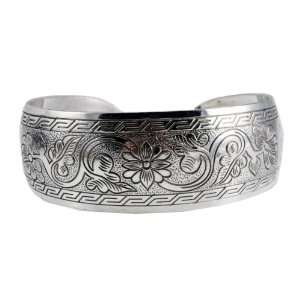    White Metal Tibetan Lotus Flower Cuff Bracelet, #11 Jewelry