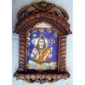 Lord Shiva with Jytoling Poster Painting in wood craft Jharokha