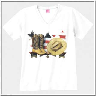 Cowboy Boots Hat USA US Flag LAT V NECK T Shirt S XL,2X  