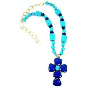  Unique, Semi Precious Stones Turquoise and Lapis Long Pendant Necklace