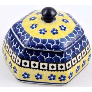  Polish Pottery Small Octagonal Trinket Box 2 3/4 H x 3 1 